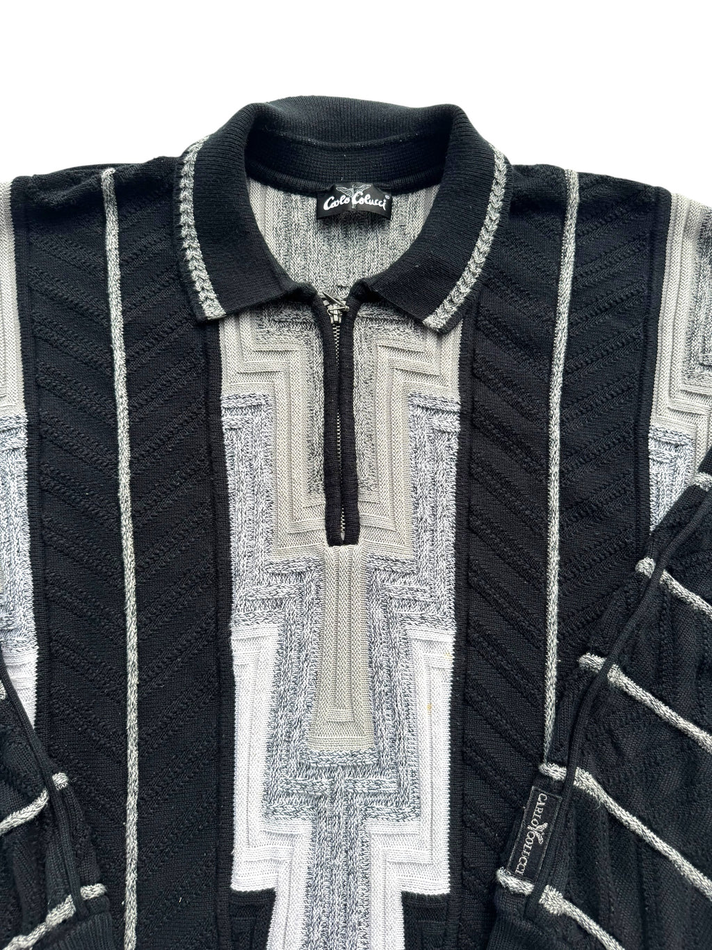 90s Carlo Colucci 1/4 Quarter Zip Pullover Bluza Sweter Rozpinany 3D cable knit