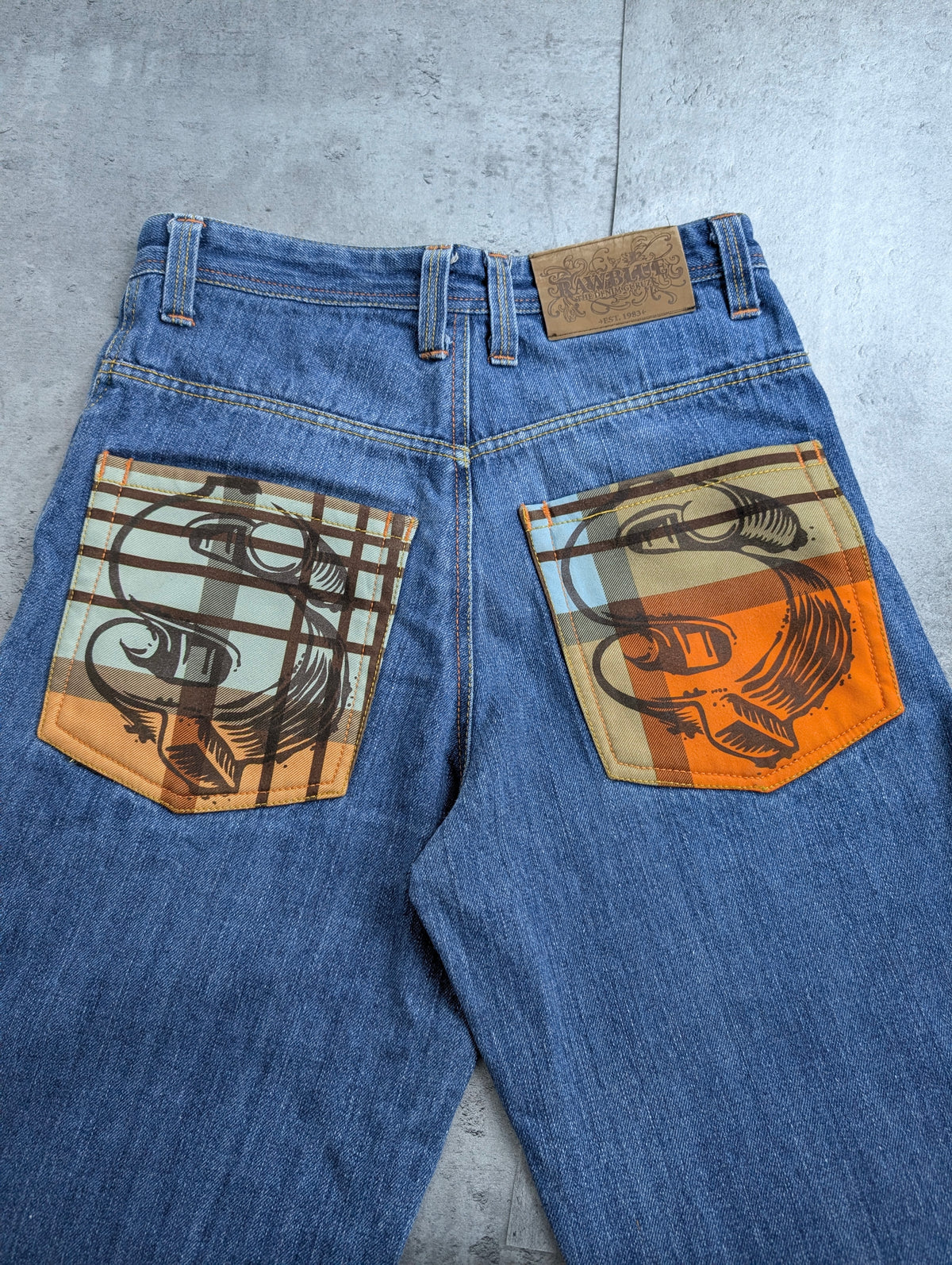 Raw Blue Dollar Sign Graphic Baggy Y2K Vintage Jeans Loose Fit HipHop RARE