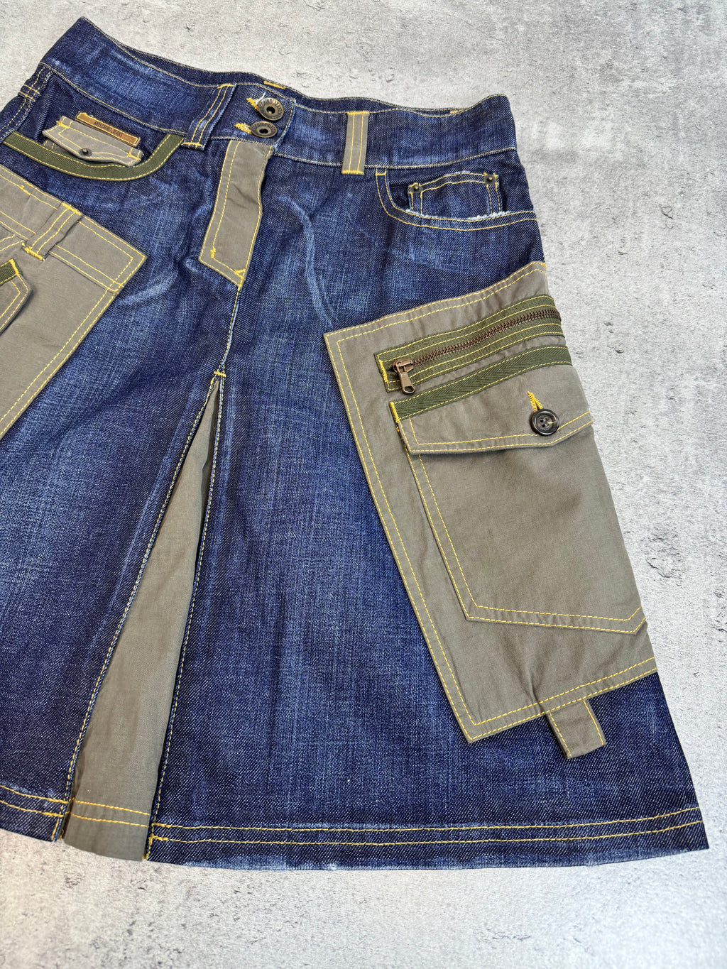 Moschino Jeans Cargo Utility Skirt Spódnica Military Patchwork Denim Jeansowa midi archive
