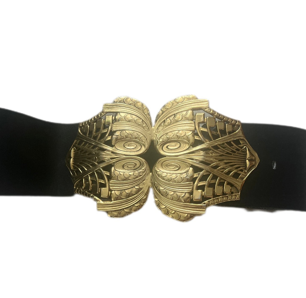 Stunning Alain Fourdraine Paris 1980s designer gold plate Art Nouveau styled belt Francuski pasek z duza ozdobną klamrą
