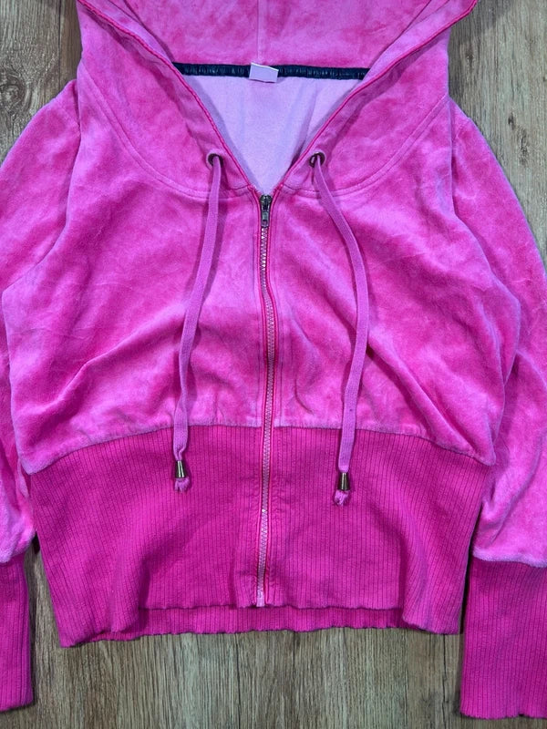 Y2k swag neon pink hoodie zip up velour woman - bluza zip z kapturem
