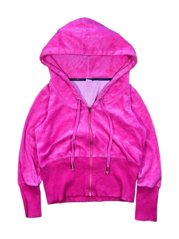Y2k swag neon pink hoodie zip up velour woman - bluza zip z kapturem