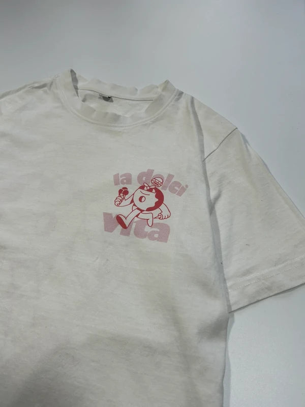White graphic tee subtle aesthetic La Dolci Vita Donut - koszulka w rozmiarze S