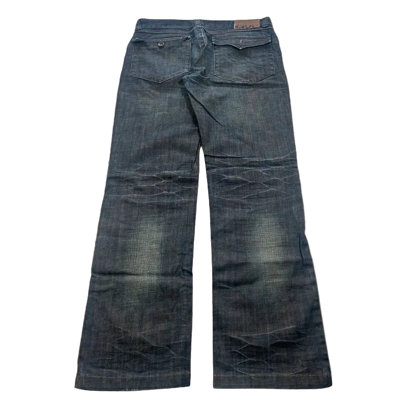 kenvelo Wide-Leg Flare Raw Denim Jeans | Ciemny Indygo Y2K Grunge Streetwear
