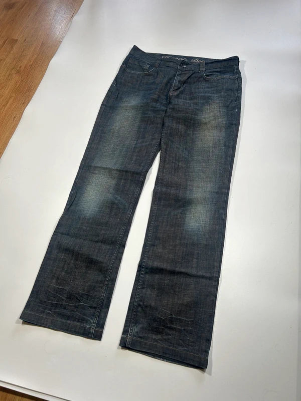 kenvelo Wide-Leg Flare Raw Denim Jeans | Ciemny Indygo Y2K Grunge Streetwear