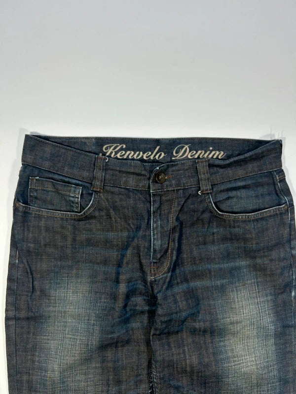 kenvelo Wide-Leg Flare Raw Denim Jeans | Ciemny Indygo Y2K Grunge Streetwear