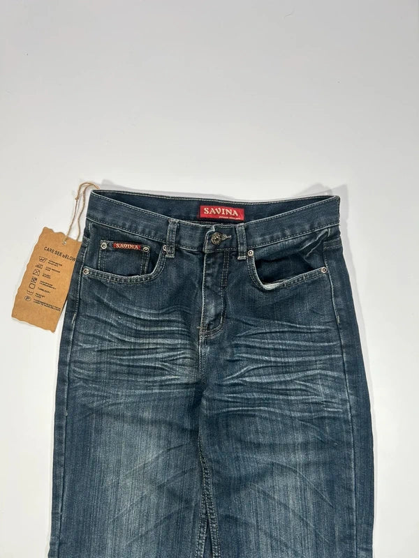 Y2k flared jeans washed dark blue denim washed with emmbroidered back pockets