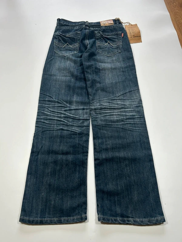 Y2k flared jeans washed dark blue denim washed with emmbroidered back pockets