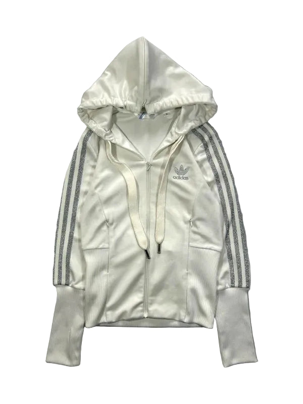 Y2k white Adidas zip up goodie with shiny three stripes 2008