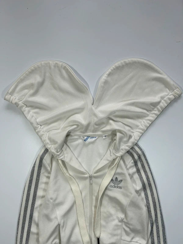Y2k white Adidas zip up goodie with shiny three stripes 2008