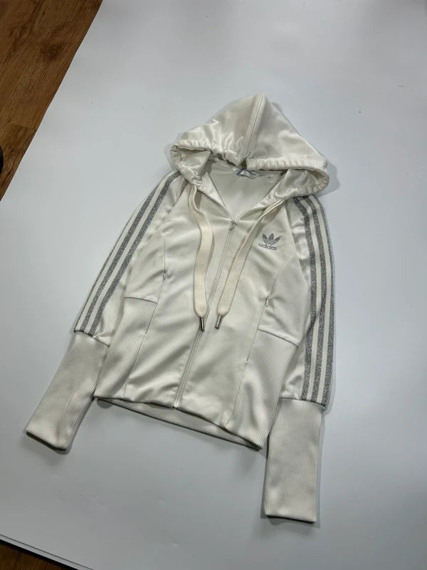 Y2k white Adidas zip up goodie with shiny three stripes 2008