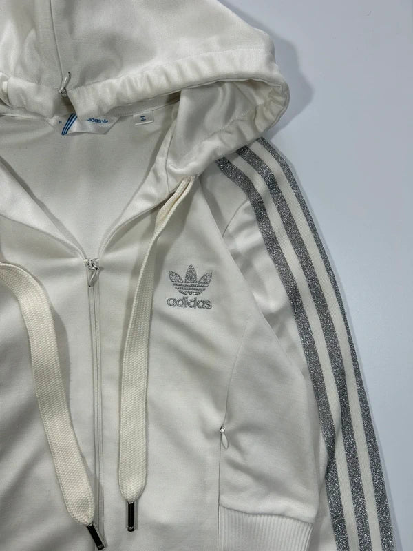 Y2k white Adidas zip up goodie with shiny three stripes 2008