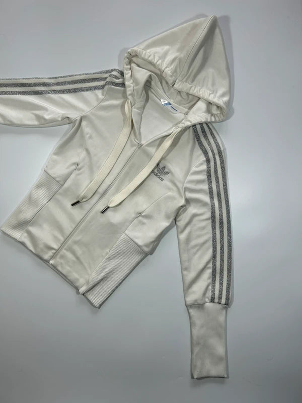 Y2k white Adidas zip up goodie with shiny three stripes 2008