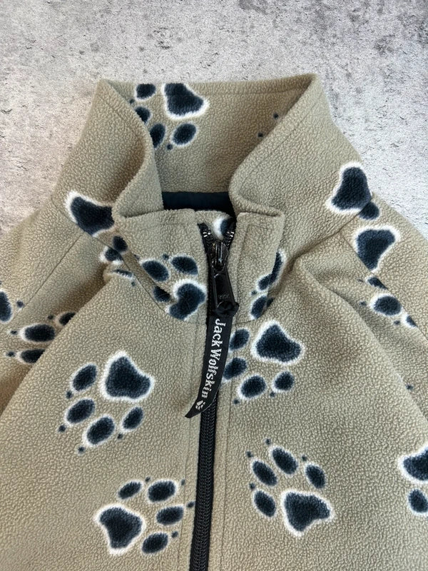 Y2k quarter-zip fleece Jack Wolfskin a latte brown with paw pattern 2009