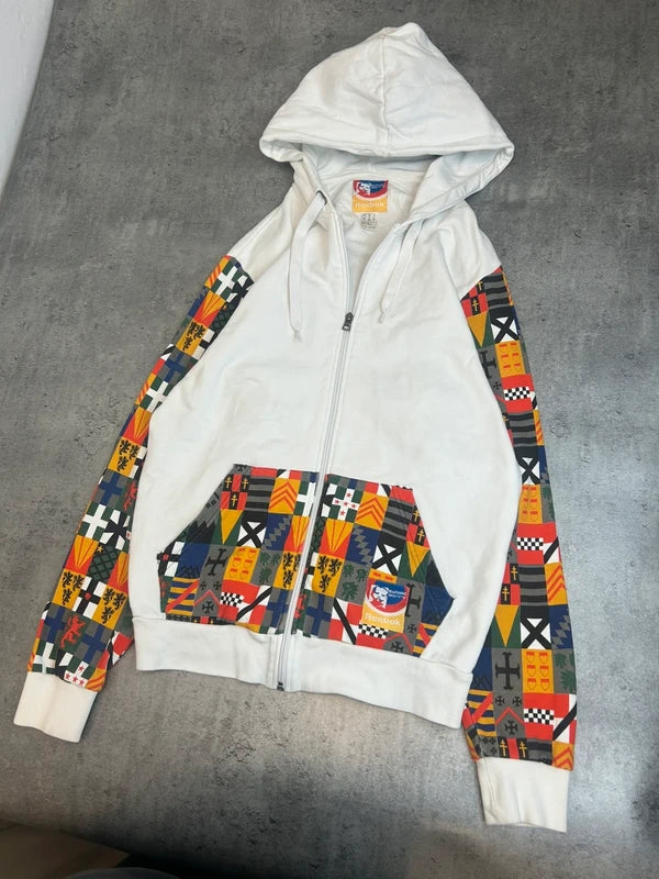 Rozpinana bluza Reebok hoodie biała, wzorzyste rękawy