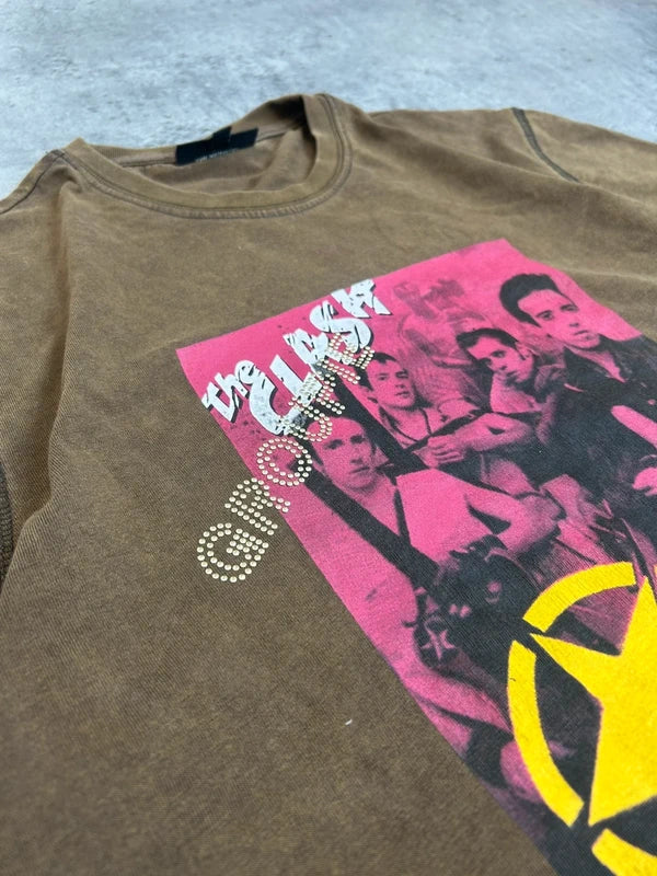 Y2k brown graphic tee with sequins japan style 2000 vintage swag