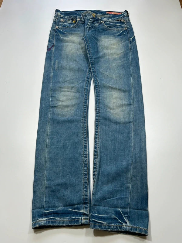 Y2k bootcut denim low rise rare colorful embroidery blue flared washed jeans unique