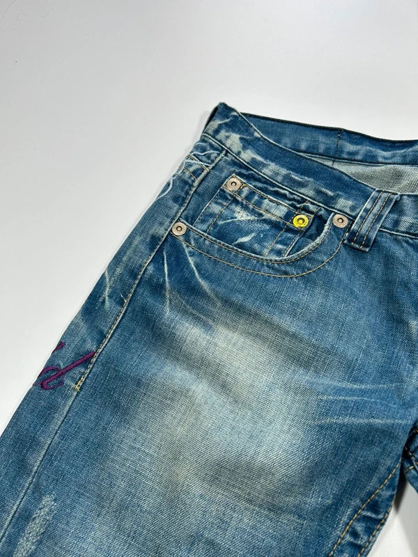 Y2k bootcut denim low rise rare colorful embroidery blue flared washed jeans unique