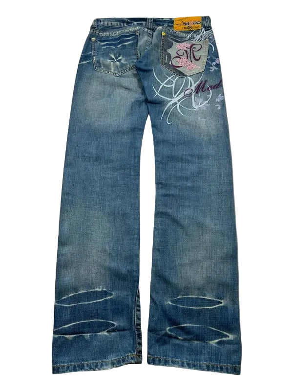 Y2k bootcut denim low rise rare colorful embroidery blue flared washed jeans unique