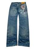 Y2k bootcut denim low rise rare colorful embroidery blue flared washed jeans unique
