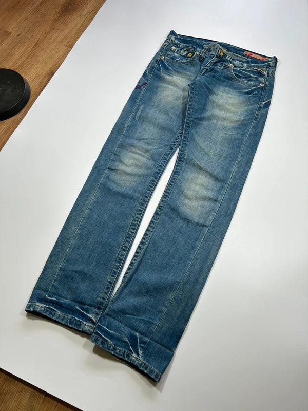 Y2k bootcut denim low rise rare colorful embroidery blue flared washed jeans unique