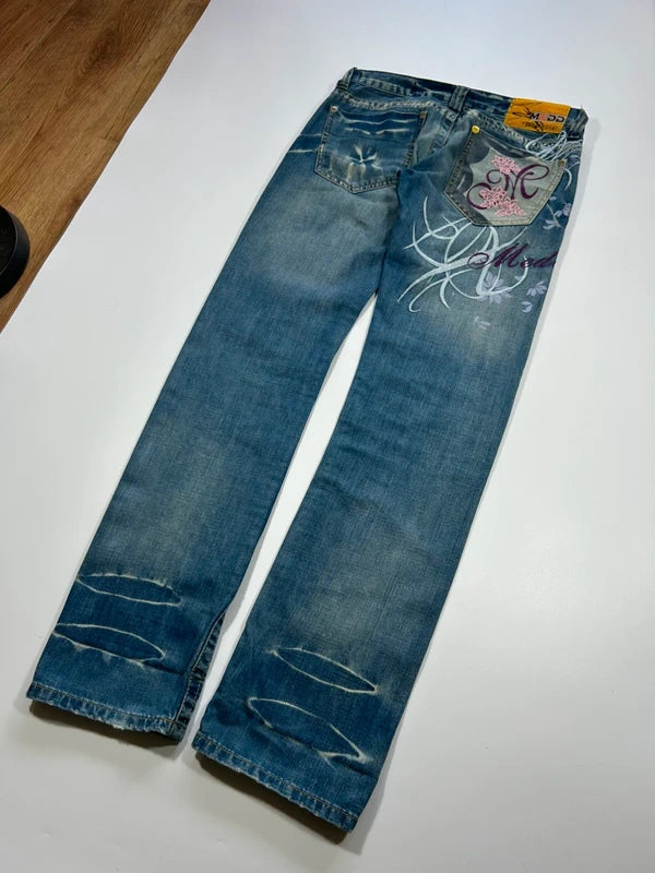 Y2k bootcut denim low rise rare colorful embroidery blue flared washed jeans unique