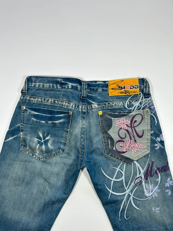 Y2k bootcut denim low rise rare colorful embroidery blue flared washed jeans unique