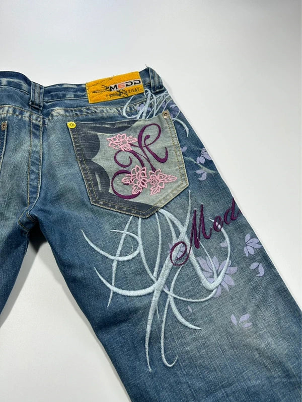 Y2k bootcut denim low rise rare colorful embroidery blue flared washed jeans unique