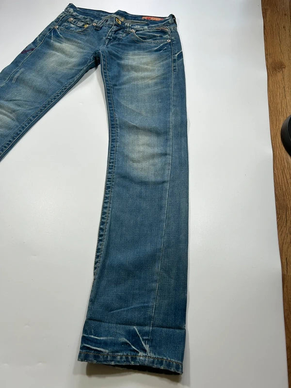 Y2k bootcut denim low rise rare colorful embroidery blue flared washed jeans unique
