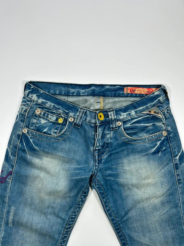 Y2k bootcut denim low rise rare colorful embroidery blue flared washed jeans unique