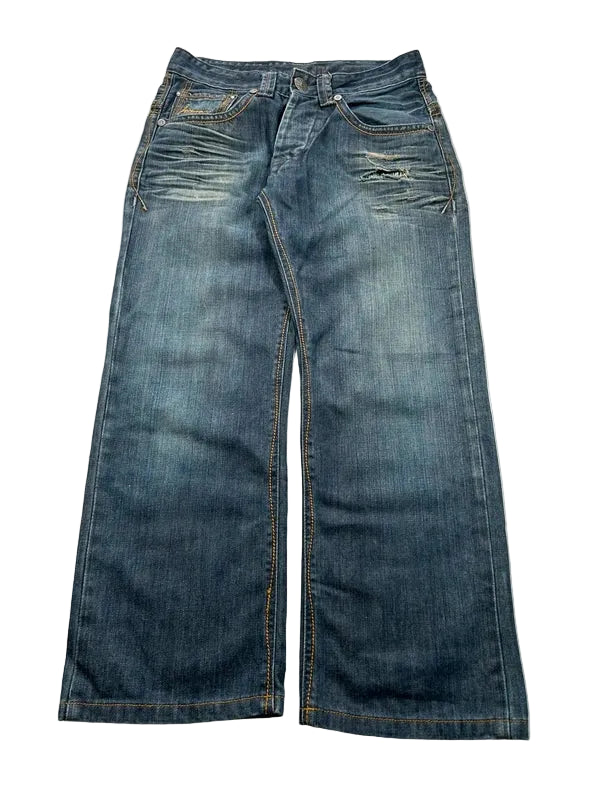 Szerokie jeansy Y2K cyber baggy vintage haftowane kieszenie
