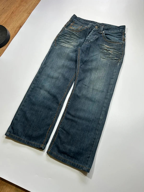 Szerokie jeansy Y2K cyber baggy vintage haftowane kieszenie