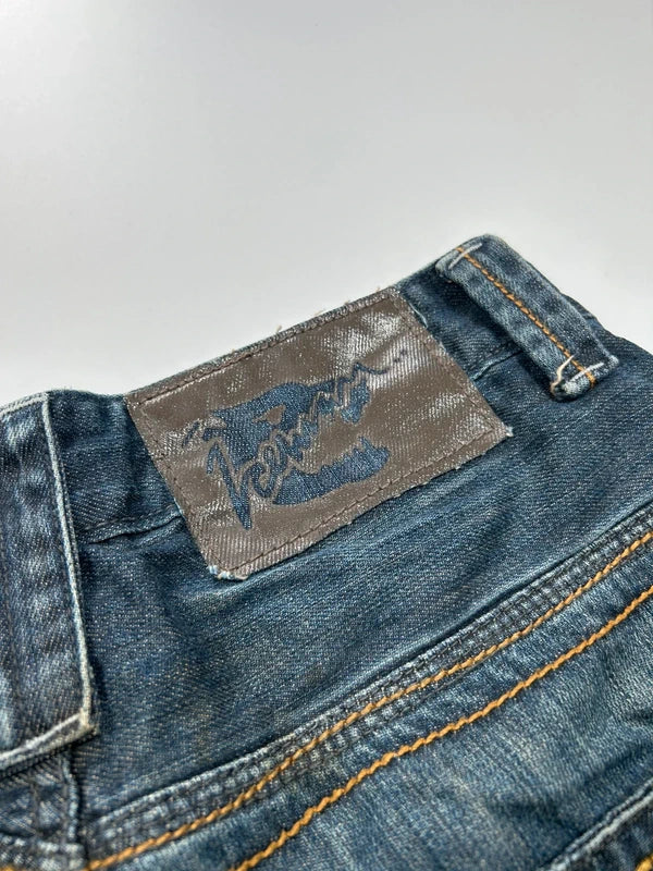 Szerokie jeansy Y2K cyber baggy vintage haftowane kieszenie