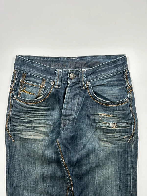 Szerokie jeansy Y2K cyber baggy vintage haftowane kieszenie