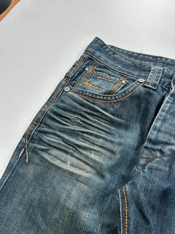Szerokie jeansy Y2K cyber baggy vintage haftowane kieszenie