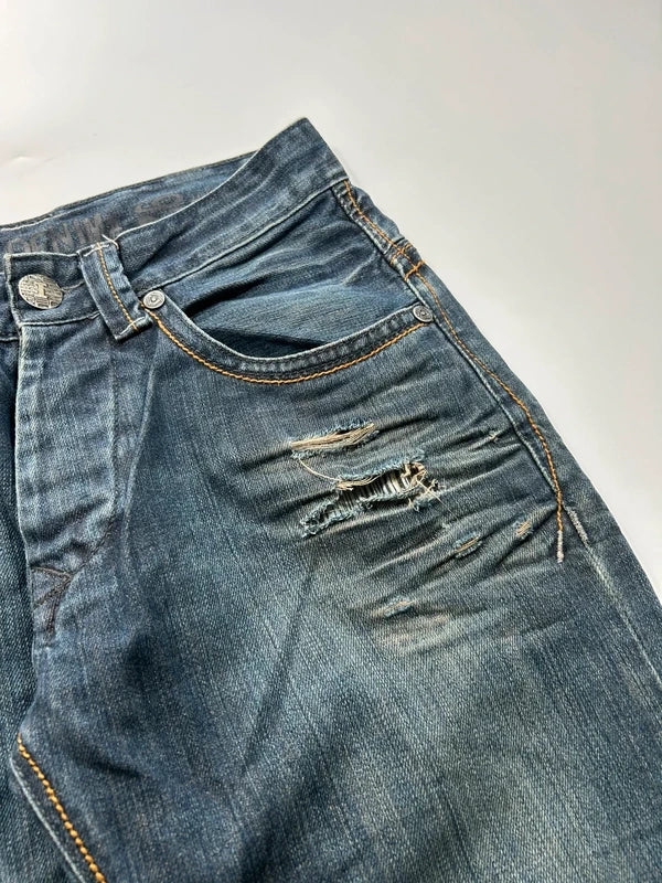 Szerokie jeansy Y2K cyber baggy vintage haftowane kieszenie