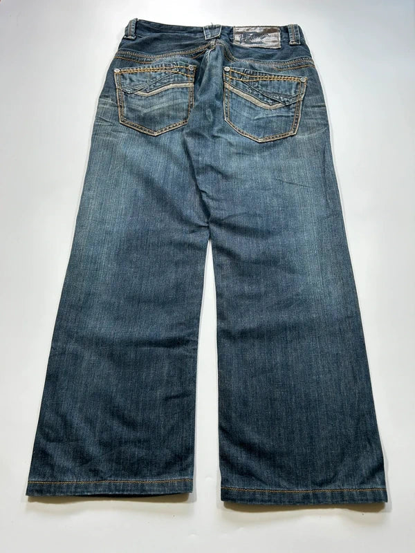 Szerokie jeansy Y2K cyber baggy vintage haftowane kieszenie