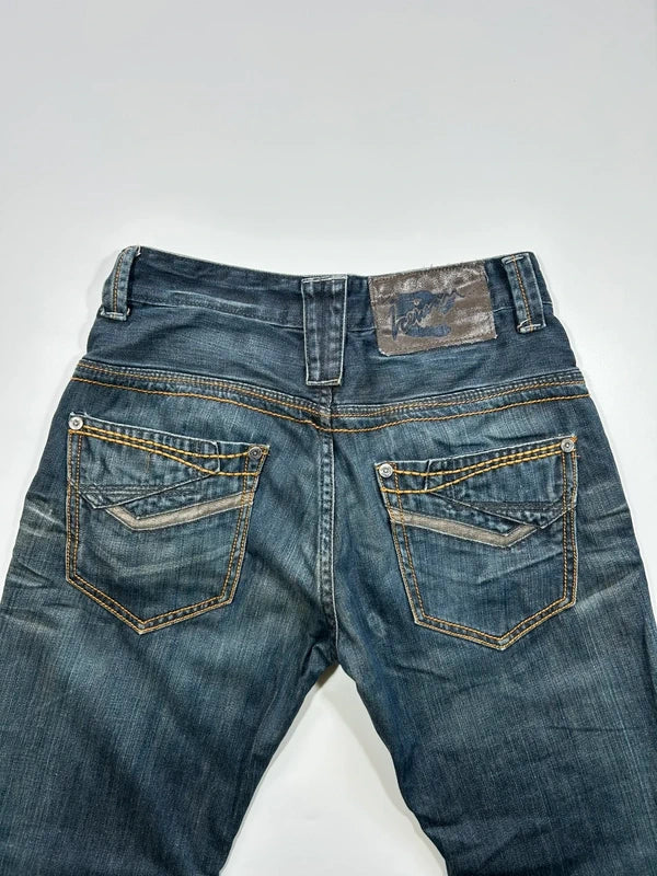 Szerokie jeansy Y2K cyber baggy vintage haftowane kieszenie