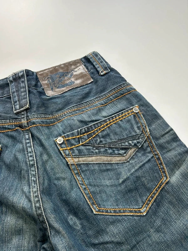 Szerokie jeansy Y2K cyber baggy vintage haftowane kieszenie