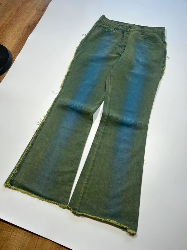 Cyber Y2k flared jeans neon green blue denim pants rare vintage 80s