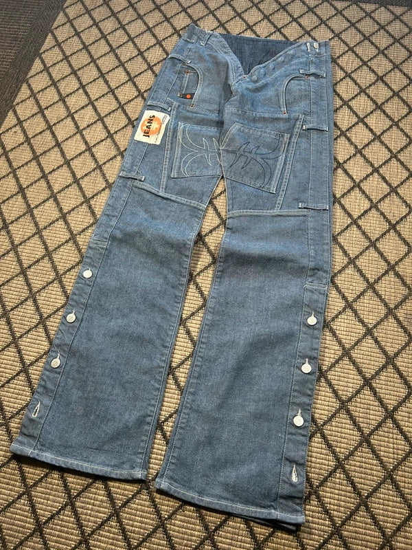 Y2k Michiko Koshino flared jeans unique japan style embroidery archive avant garde