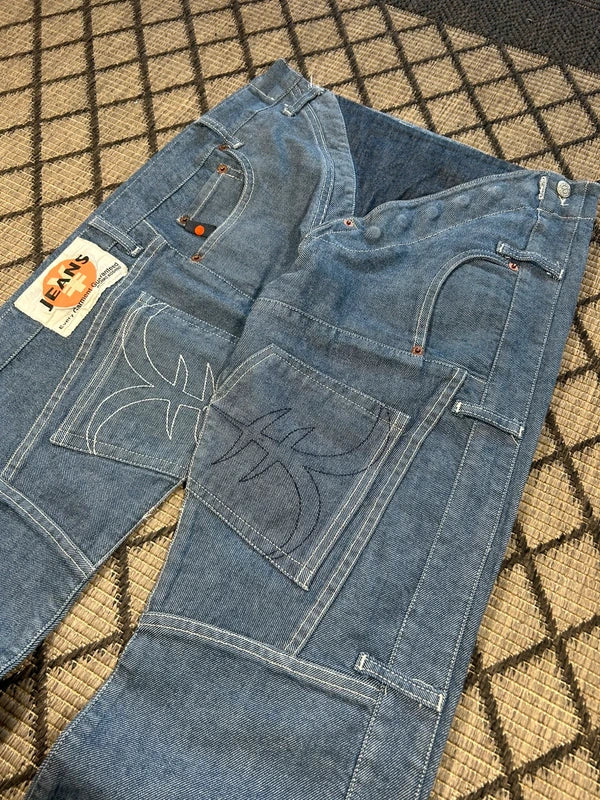 Y2k Michiko Koshino flared jeans unique japan style embroidery archive avant garde