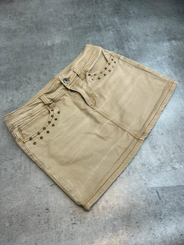 Y2k beige mini skirt sequined with zip on back pockets rare 2000 unique