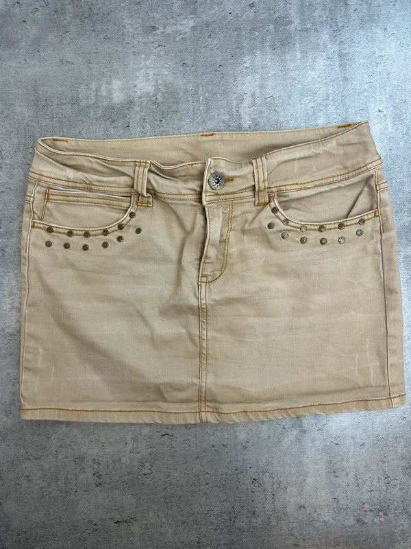 Y2k beige mini skirt sequined with zip on back pockets rare 2000 unique