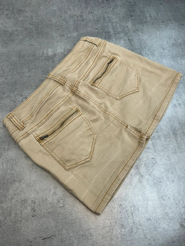 Y2k beige mini skirt sequined with zip on back pockets rare 2000 unique
