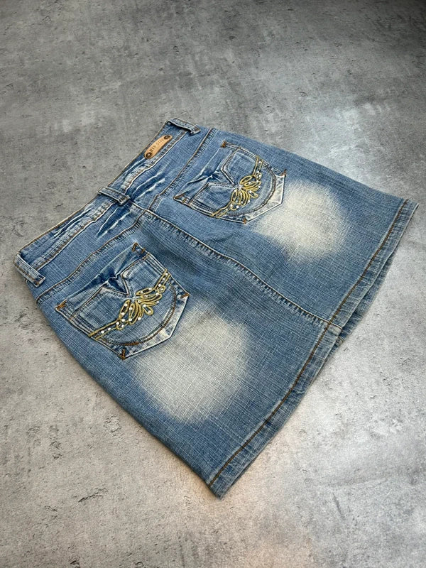 Y2k blue jeans mini skirt with back pocket emroidery washed rare 2000 unique