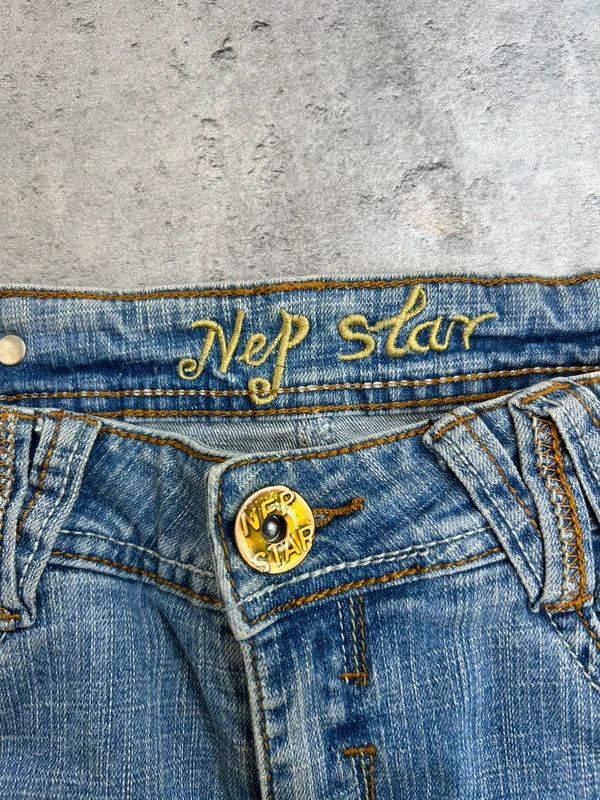 Y2k blue jeans mini skirt with back pocket emroidery washed rare 2000 unique