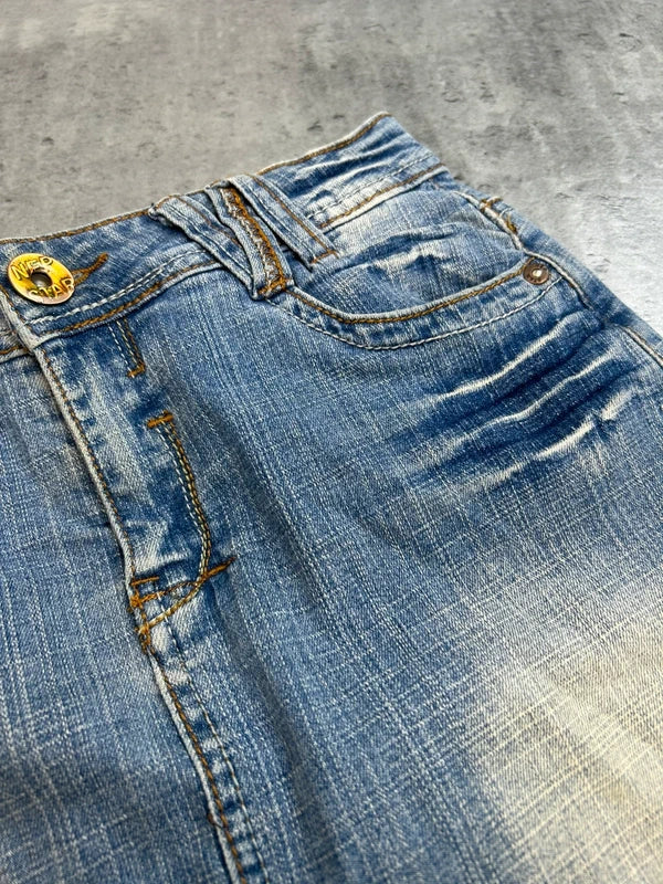 Y2k blue jeans mini skirt with back pocket emroidery washed rare 2000 unique