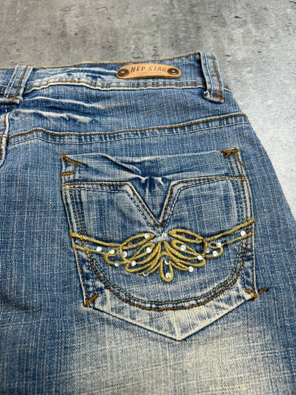 Y2k blue jeans mini skirt with back pocket emroidery washed rare 2000 unique