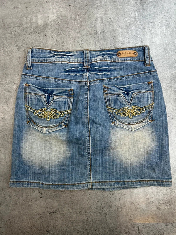 Y2k blue jeans mini skirt with back pocket emroidery washed rare 2000 unique